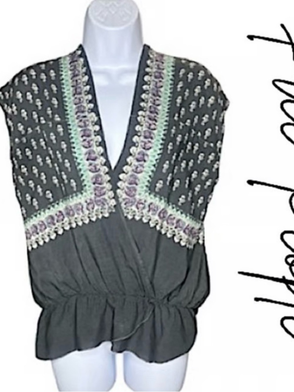 Free People Black Embroidered V-Neck Peplum Blouse